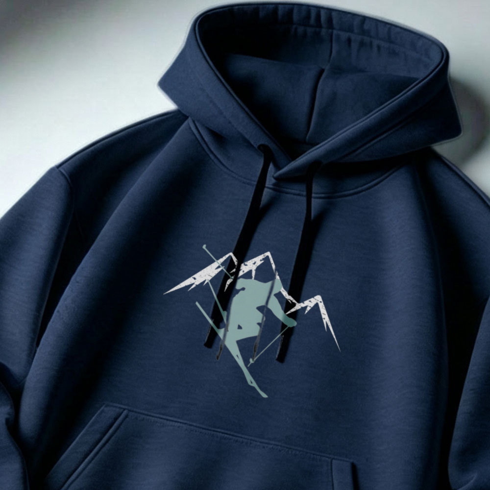 Outdoor Sport Hoodie - Mountain Skier Silhouette Snow Skiing Sport